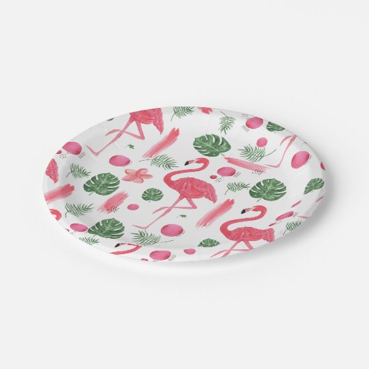 Roze waterverf tropische elegant flamingo floral papieren bordje (Gekanteld)