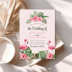 Roze Waterverf Tropische Flamingo Bruiloft Kaart