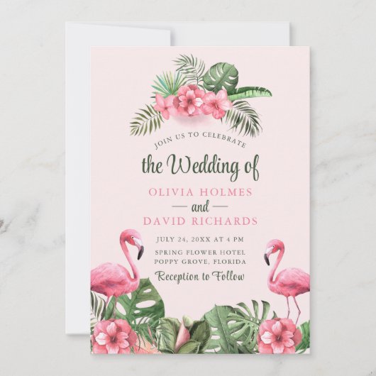 Roze Waterverf Tropische Flamingo Bruiloft Kaart (Voorkant)
