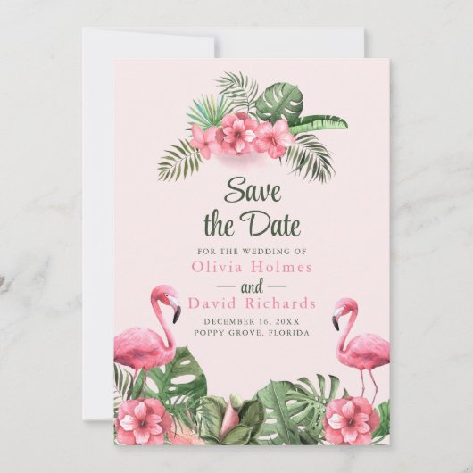 Roze Waterverf Tropische Flamingo Save the Date Kaart (Voorkant)