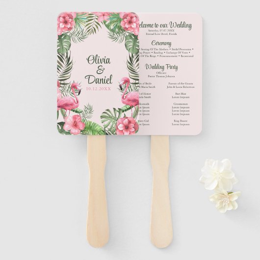 Roze Waterverf Tropische Flamingo Trouwprogramma Handwaaier (Voorkant en achterkant)