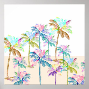 Roze Waterverf Tropische Hawaiiaanse palmbomen Poster