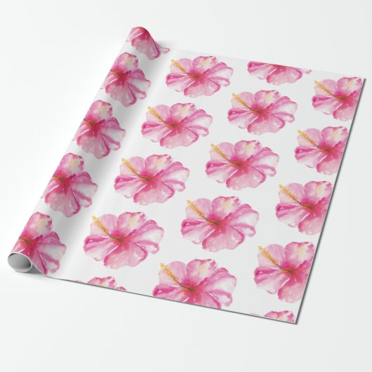 Roze Waterverf Tropische Hibiscusbloem Cadeaupapier (Uitgerold)