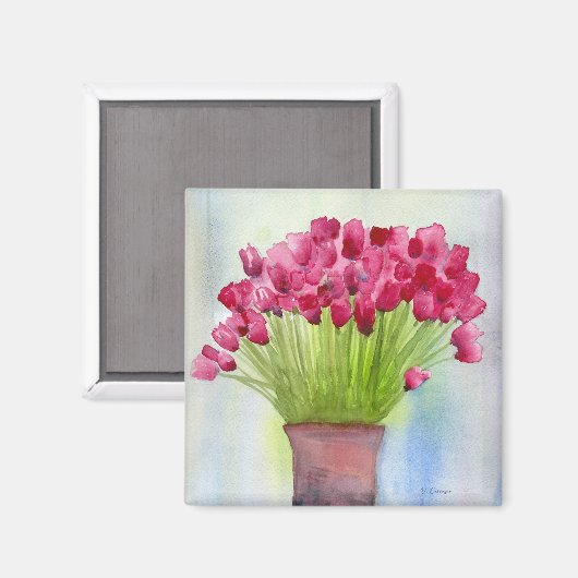 Roze Waterverf Tulips Floral Magneet (Voorkant / Achterkant)