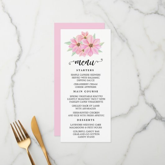 Roze Waterverf Tulpen Bruiloft Menu (Voorkant / Achterkant in situ)