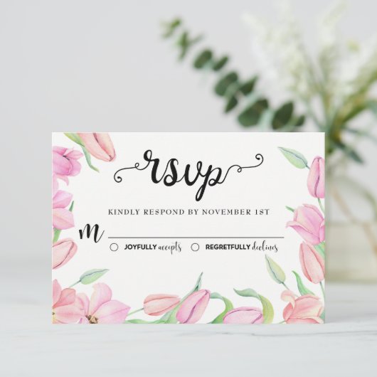 Roze Waterverf Tulpen Bruiloft RSVP Kaartje (Staand voorkant)