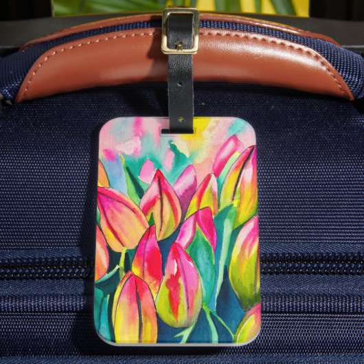 Roze waterverf tulpen kunst bagagelabel (Voorkant Insitu 2)