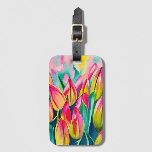 Roze waterverf tulpen kunst bagagelabel (Voorkant (verticaal))