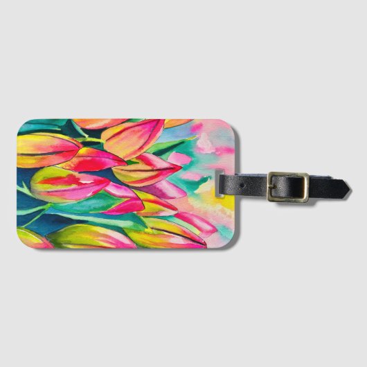 Roze waterverf tulpen kunst bagagelabel (Voorkant (horizontaal))