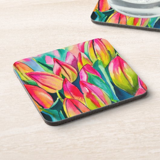 Roze waterverf tulpen kunst bier onderzetter (Linkerzijde)