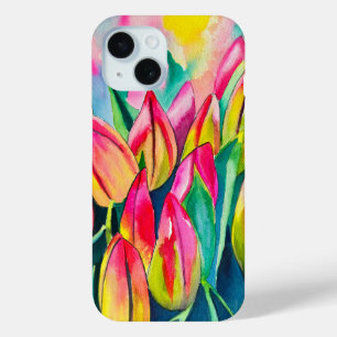 Roze waterverf tulpen kunst iPhone 15 case