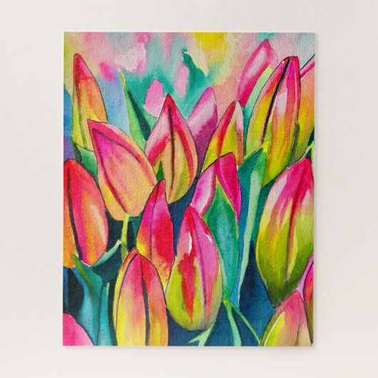 Roze waterverf tulpen kunst legpuzzel (Verticaal)
