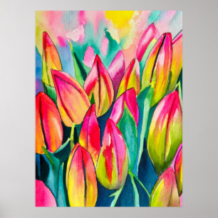 Roze waterverf tulpen kunst poster