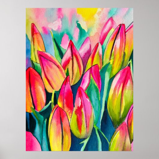 Roze waterverf tulpen kunst poster (Voorkant)