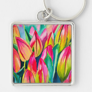 Roze waterverf tulpen kunst sleutelhanger
