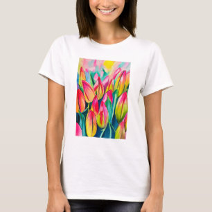 Roze waterverf tulpen kunst t-shirt