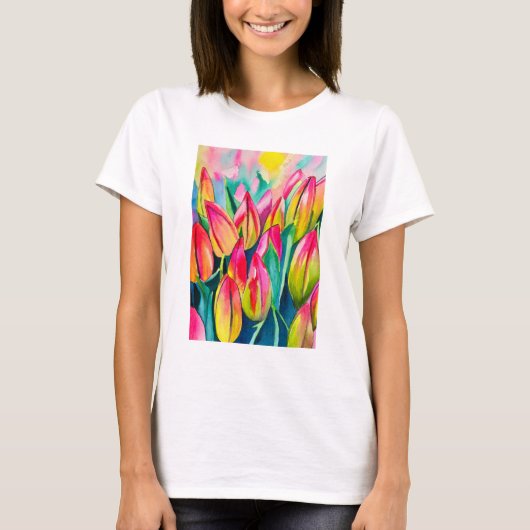 Roze waterverf tulpen kunst t-shirt (Voorkant)