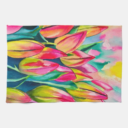 Roze waterverf tulpen kunst theedoek (Horizontaal)