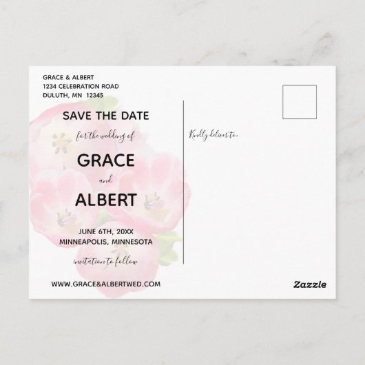 Roze Waterverf Tulpen Sla de datum op Briefkaart (Achterkant)