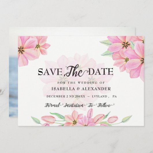 Roze Waterverf Tulpen Sla de datum op Kaart (Voorkant / Achterkant)