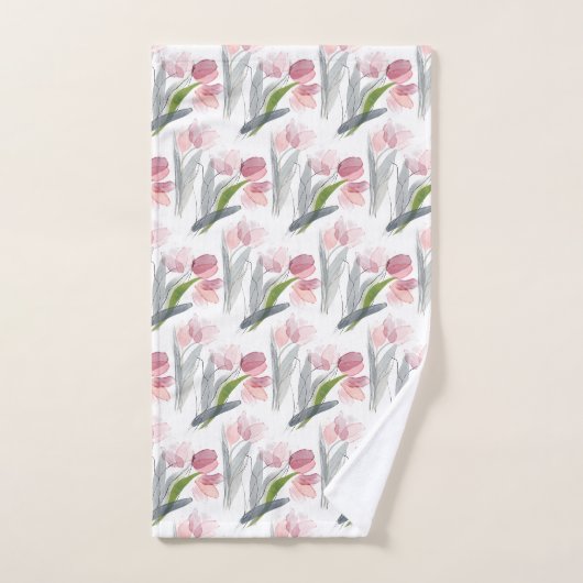 Roze Waterverf Tulps Sage Green Leaves White Bad Handdoek (Handdoek)