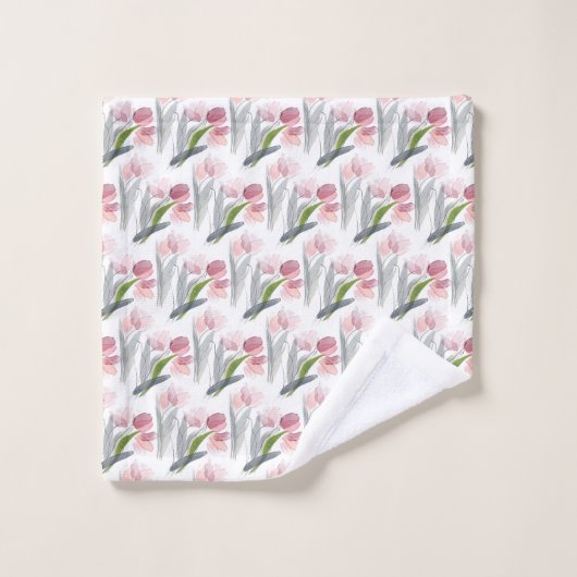 Roze Waterverf Tulps Sage Green Leaves White Bad Handdoek (Wasdoekje)