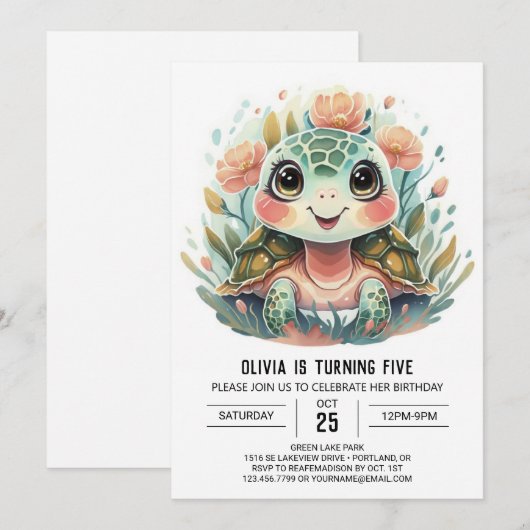 Roze Waterverf Turtle Meisje Verjaardag Kaart (Voorkant / Achterkant)