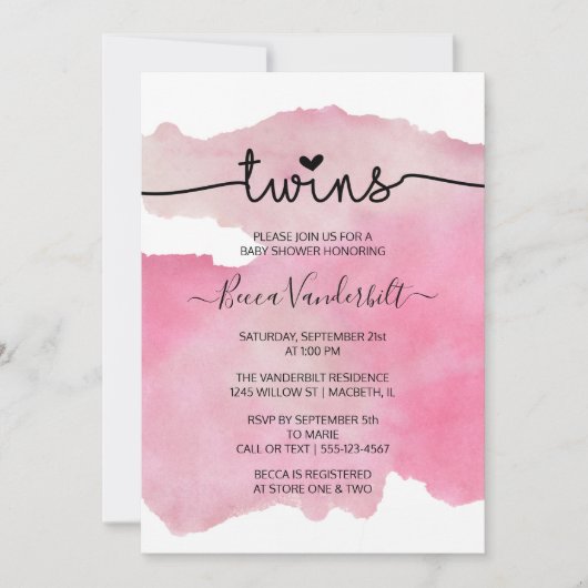 Roze Waterverf Twins Baby shower Kaart (Voorkant)
