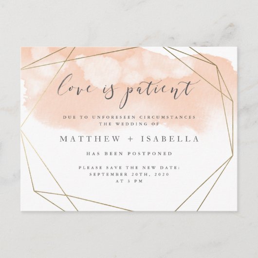 Roze waterverf Uitstel Liefde is Geduldig Uitnodiging Briefkaart (Voorkant)