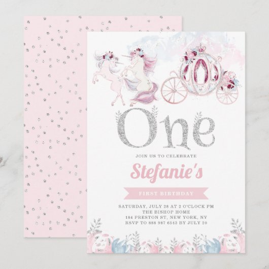 Roze Waterverf Unicorn Fairytale Eerste verjaardag Kaart (Voorkant / Achterkant)