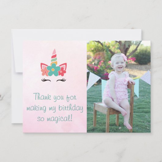 Roze Waterverf Unicorn Foto Hartelijk dank Bedankkaart (Voorkant)