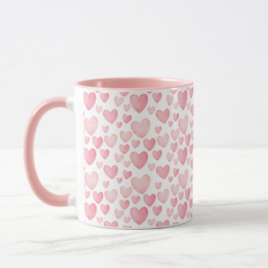 Roze Waterverf Valentijnsharten Patroon Mok (Links)