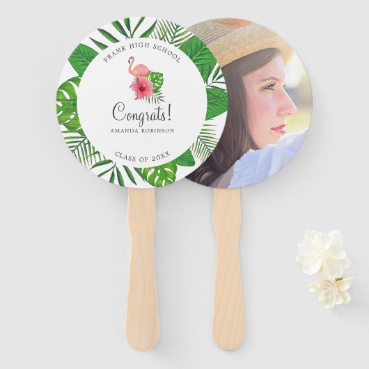 Roze Waterverf van Flamingo Luau Afstuderen foto Handwaaier (Voorkant en achterkant)