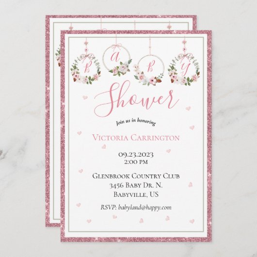 Roze Waterverf van glitter Harten Baby shower Kaart (Voorkant / Achterkant)