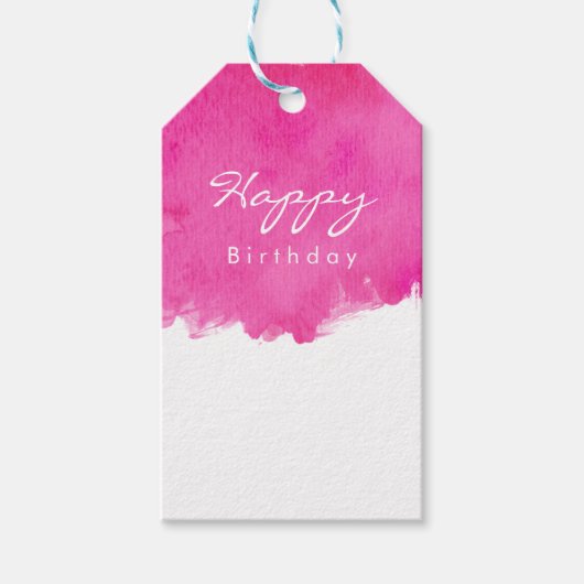 Roze Waterverf Verf Verfspatter Happy Birthday Cadeaulabel (Voorkant)