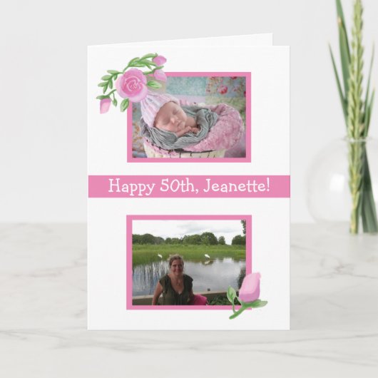 Roze waterverf verjaardag nu en toen foto's kaart (Voorkant)