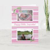 Roze waterverf verjaardag nu en toen foto's kaart (Voorkant)