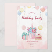 Roze Waterverf Verjaardagsfeestuitnodiging Kaart (Voorkant / Achterkant)