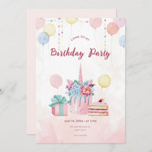 Roze Waterverf Verjaardagsfeestuitnodiging Kaart (Voorkant / Achterkant)