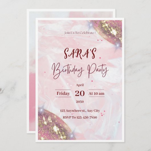 Roze Waterverf Verjaardagsfeestuitnodiging Kaart (Voorkant / Achterkant)
