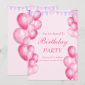 Roze Waterverf Verjaardagsfeestuitnodiging Kaart (Voorkant / Achterkant)