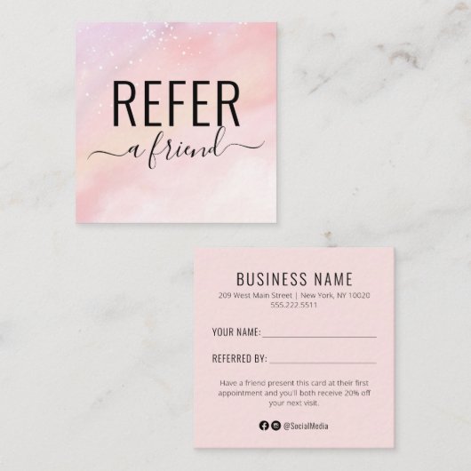 Roze Waterverf Verwijs een Kaart van de Verwijzing Vierkante Visitekaartje (Voorkant / Achterkant)