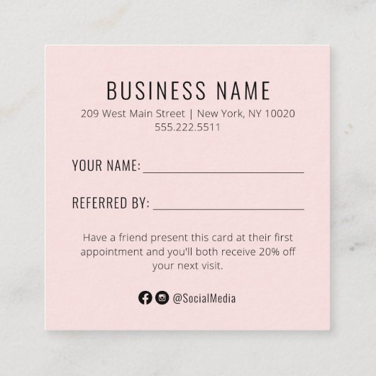 Roze Waterverf Verwijs een Kaart van de Verwijzing Vierkante Visitekaartje (Achterkant)