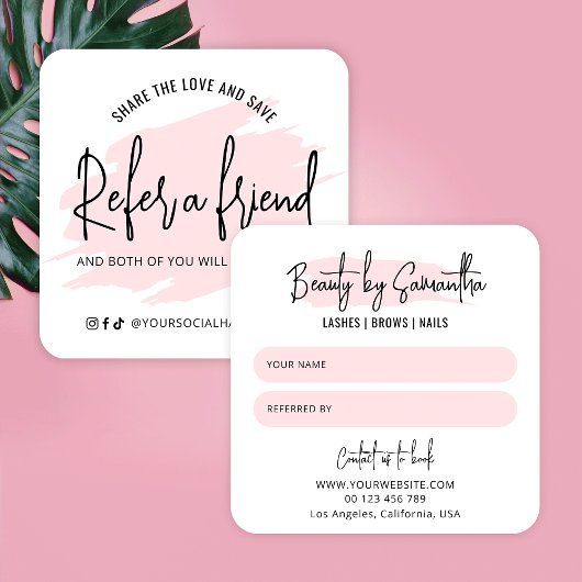 Roze Waterverf Verwijs Een Vriend Salon Verwijzing Vierkante Visitekaartje