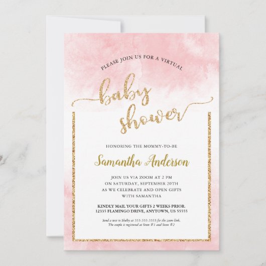 Roze Waterverf Virtual Baby shower Gold Glitter Kaart (Voorkant)