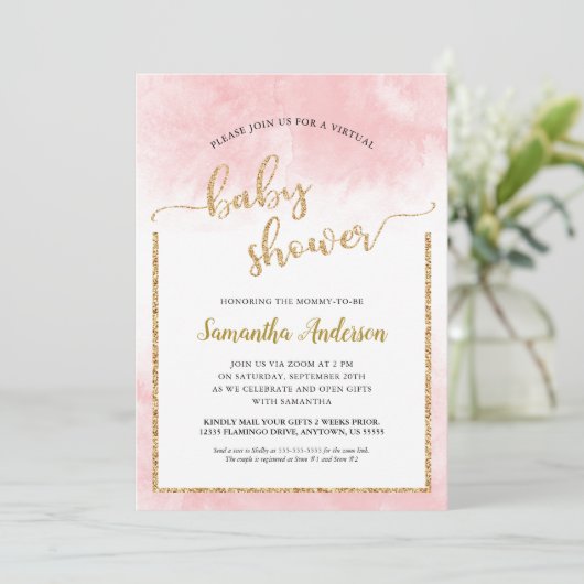 Roze Waterverf Virtual Baby shower Gold Glitter Kaart (Staand voorkant)