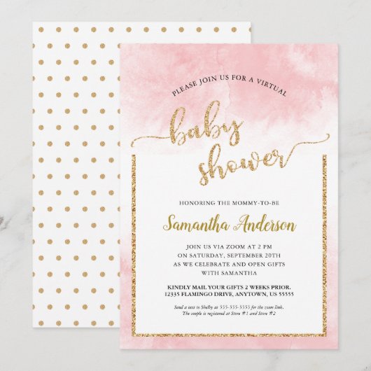 Roze Waterverf Virtual Baby shower Gold Glitter Kaart (Voorkant / Achterkant)