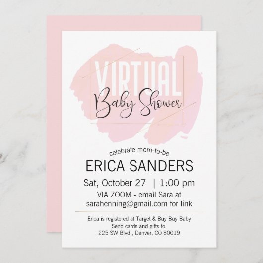 Roze Waterverf Virtual Baby shower Invitation Kaart (Voorkant / Achterkant)