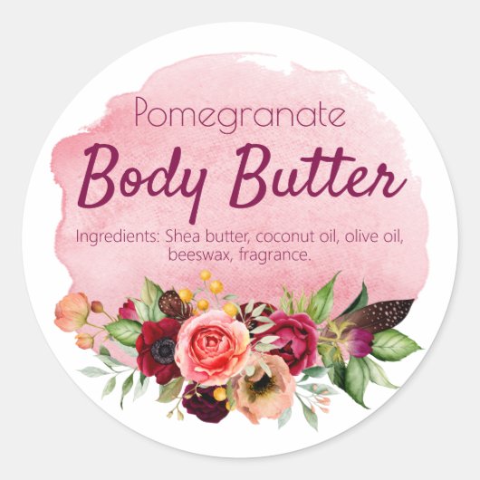 Roze Waterverf Vlek Bloemen Body Butter Labels (Voorkant)