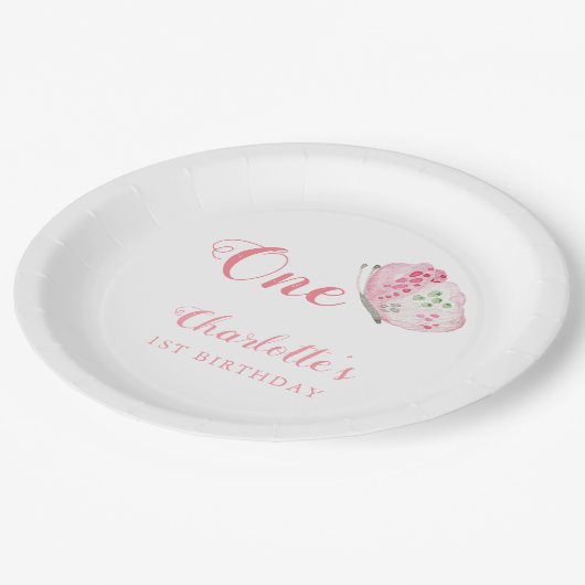 Roze Waterverf vlinder 1e verjaardagsfeest Papieren Bordje (Gekanteld)